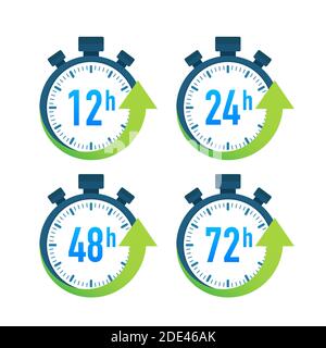 12, 24, 48, 72 hours clock arrow. Work time effect or delivery service time. Vector stock illustration. Stock Vector