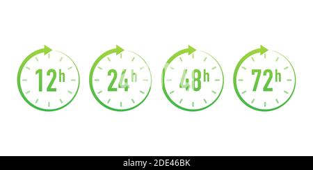 12, 24, 48, 72 hours clock arrow. Work time effect or delivery service time. Vector stock illustration. Stock Vector