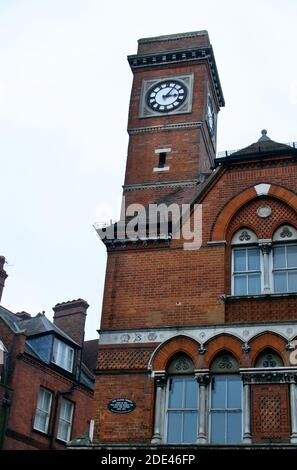 Historic clock tower in Hampstead village, London, designed by the architect George Vulliamy. Built in early 19th century. Formerly fire station Stock Photo