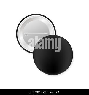 Pin badges. Black round blank button. Souvenir magnet badging mockup. Vector stock illustration. Stock Vector