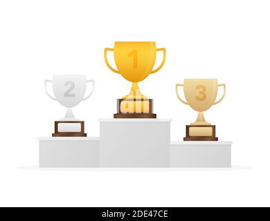 Gold, Silver and Bronze Trophy Cup on blue prize podium. Business or sporting achievements, the championship winner. Vector stock illustration. Stock Vector