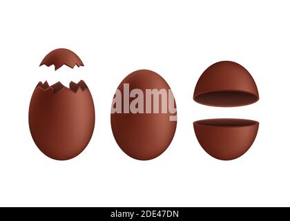 Realistic chocolate eggs set. Broken, exploded eggshell. Good for Easter design. Vector stock illustration. Stock Vector