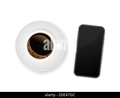 Smartphone with cup of strong coffee on white background. Vector stock illustration. Stock Vector