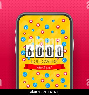 Vector thanks design template for network friends and followers. Thank you 6000 followers card. Image for Social Networks. Vector illustration. Stock Vector