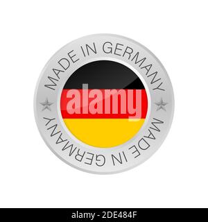 Glossy metal badge icon, made in Germany with flag. Vector stock illustration. Stock Vector