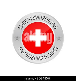 Glossy metal badge icon, made in Switzerland with flag. Vector stock illustration. Stock Vector