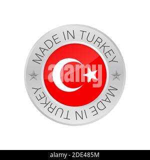 Glossy metal badge icon, made in Turkey with flag. Vector stock illustration. Stock Vector