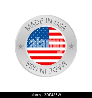 Glossy metal badge icon, made in USA with flag. Vector stock illustration. Stock Vector
