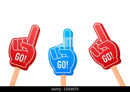 Cartoon Fan Foam Color Gloves on Hands. Hand up with Go. Vector stock illustration. Stock Vector