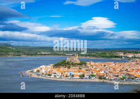 View of the watchtower at Gruissan in Languedoc-Roussillon, France, Aude, Gruissan, village in Circulade testifies of a Medieval origin, strategic sig Stock Photo