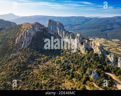 Aerial View of the Cathar castle of Peyrepertuse in Languedoc-Roussillon, France, Europe. Ancient Cathar site of the Château de Peyrepertuse, Peyreper Stock Photo