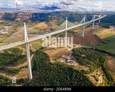 Aerial view Millau viaduct by architect Norman Foster, between Causse du Larzac and Causse de Sauveterre above Tarn, Aveyron, France. Cable-stayed bri Stock Photo