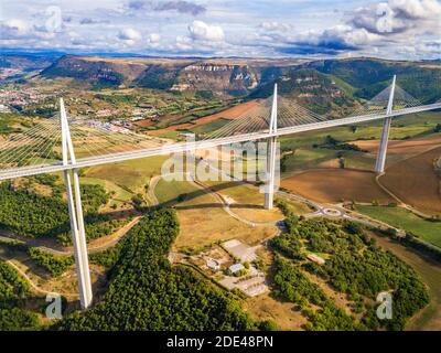 Aerial view Millau viaduct by architect Norman Foster, between Causse du Larzac and Causse de Sauveterre above Tarn, Aveyron, France. Cable-stayed bri Stock Photo