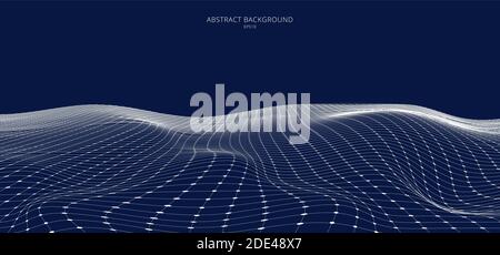 Abstract 3D white wireframe landscape on blue background. Technology futuristic network grid of connected dots and lines. vector illustration Stock Vector