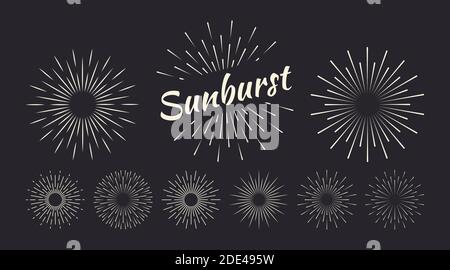 Sunburst set gold style isolated on background for logotype, emblem, logo, tag. Firework explosion, star. Vector stock illustration. Stock Vector