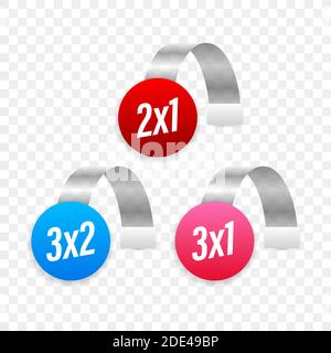 Offer Labels Paper self adhesive supermarket. 2x1, 3x2, 3x1 - price tag. Vector stock illustration. Stock Vector