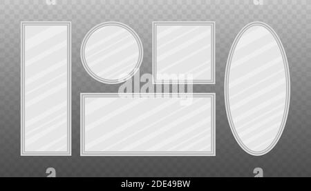 Mirror frames or mirror decor interior. Realistic mirrors set. Vector stock illustration. Stock Vector