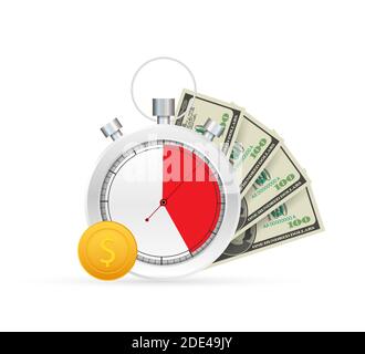 Quick credit. Clock and bag, time is money, fast loan, payment period, savings account. Vector stock illustration. Stock Vector