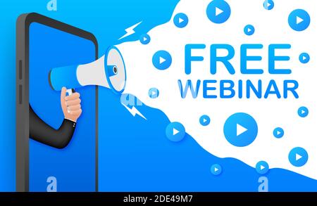 Free webinar, megaphone no smartphone screen. Can be used for business concept. Vector stock illustration. Stock Vector