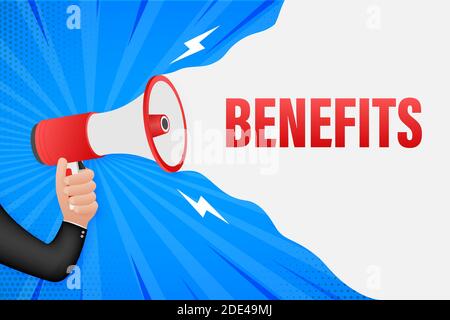 Hand Holding Megaphone with Benefits. Megaphone banner. Web design. Vector stock illustration Stock Vector