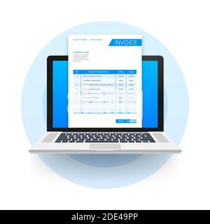 Business card with invoice on laptop. Customer service concept. Online payment. Tax payment. invoice template. Vector stock illustration. Stock Vector