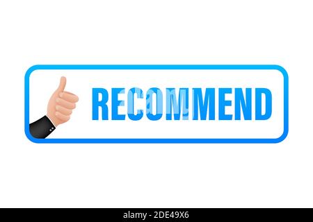 Recommend icon. White label recommended on blue background. Vector stock illustration Stock Vector