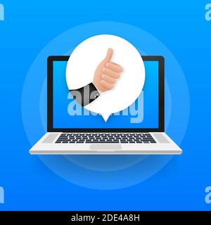 Like on laptop feedback. Laptop screen. Web icon. Social network post. Social media like vector icon. Stock Vector