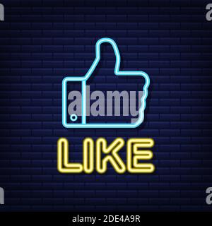 Blue like neon on light background. Thumb up icon. Hand like. Social media network. Vector stock illustration. Stock Vector