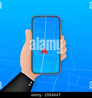Smartphone with mobile navigation app on screen. Route map with symbols showing location of man. Vector stock illustration. Stock Vector