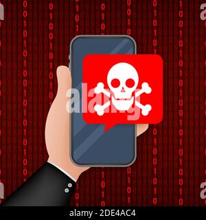 Attack. Smartphone with speech bubble and skull and crossbones on screen. Threats, mobile malware, spam messages. Vector stock illustration. Stock Vector