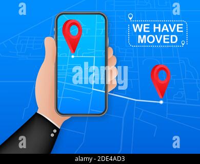 We have moved. Moving office sign. We have moved on smartphone screen. Clipart image isolated on blue background. Vector stock illustration. Stock Vector