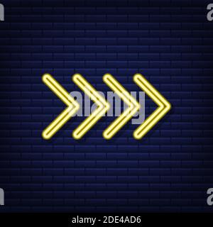 Template with yellow arrow neon on blue background. Neon glowing arrow pointer. Vector stock illustration. Stock Vector
