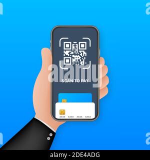 Scan to pay. Smartphone to scan QR code on paper for detail, technology and business concept. Vector stock illustration. Stock Vector