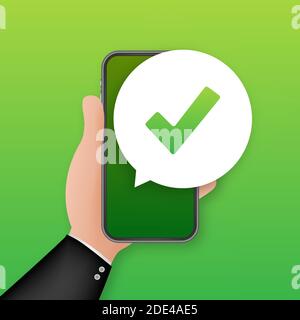Smartphone with checkmark or tick notification in bubble. Approved choice. Accept or approve checkmark. Vector stock illustration. Stock Vector