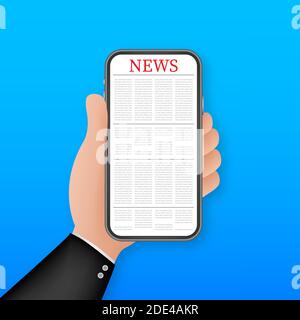 Flat news on smartphone for site design. Smartphone, mobile phone. Online reading news. Vector stock illustration. Stock Vector