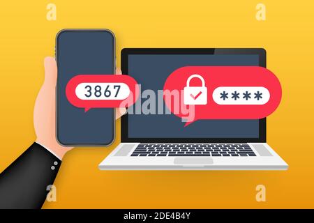 Two step authentication vector illustration, flat cartoon smartphone and computer safety login or signin. Vector stock illustration. Stock Vector