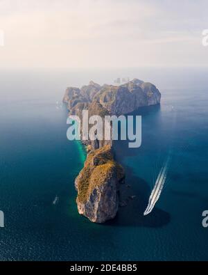 Aerial view, Koh Phi Phi Leh from the front to sunrise, Tropical Island, Koh Phi Phi, Krabi Province, Thailand Stock Photo