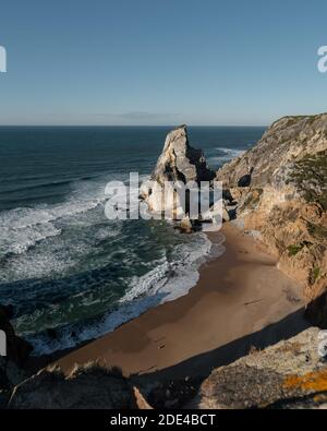 Aerial view, marked rocks at Praia da Ursa beach, Ulgueira, Portugal Stock Photo