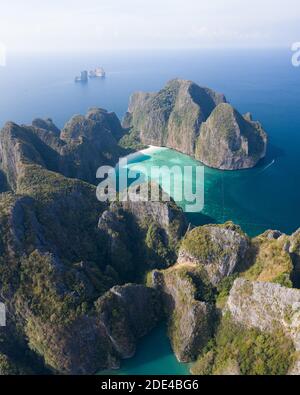 Aerial view, Maya Bay lagoon with high karst rocks, tropical island, Koh Phi Phi, Krabi Province, Thailand Stock Photo