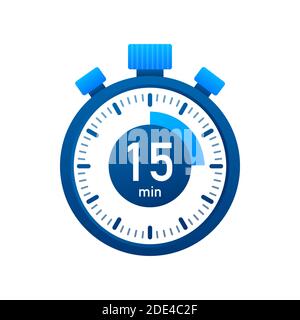 The 15 minutes, stopwatch vector icon. Stopwatch icon in flat style, timer on on color background. Vector illustration. Stock Vector