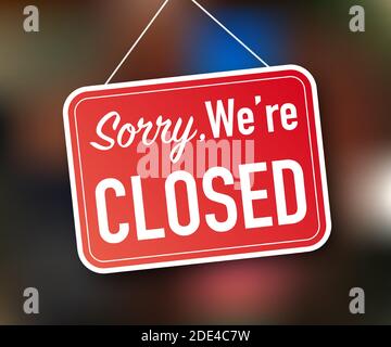 Sorry we're closed hanging sign on white background. Sign for door. Vector stock illustration. Stock Vector