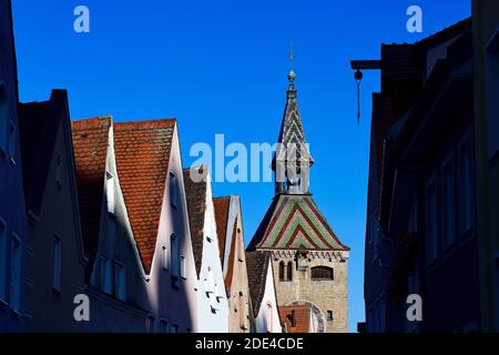 Medieval town gate with the Schmalzturm or beautiful tower, main square, Landsberg am Lech, Upper Bavaria, Bavaria, Germany Stock Photo
