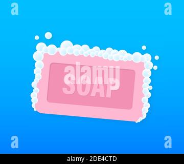 Pink soap on colorful background. Vector illustration object. Top view. Foam water. Flat soap. Doodle, bubble. Vector stock illustration. Stock Vector