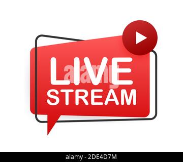 Live stream flat logo - red vector design element with play button. Vector illustration Stock Vector
