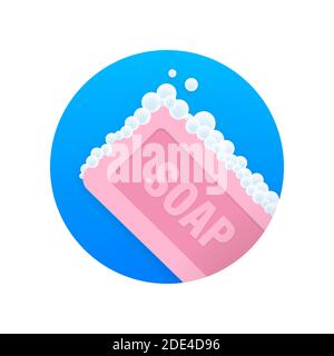 Pink soap on colorful background. Vector illustration object. Top view. Foam water. Flat soap. Doodle, bubble. Vector stock illustration. Stock Vector