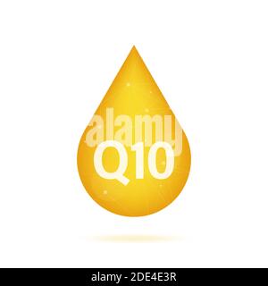 Coenzyme Q10. Gold vector oil icon. Enzyme drop pill capsule. Vector stock illustration. Stock Vector