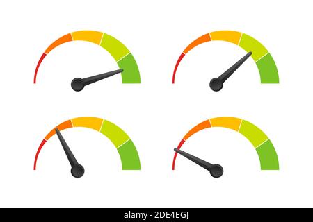 Rating customer satisfaction meter. Different emotions art design from red to green. Abstract concept graphic element of tachometer, speedometer Stock Vector