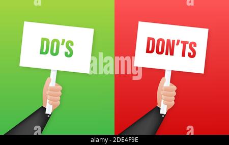 Hand holding placard Do's and Don'ts. Vector stock illustration. Stock Vector