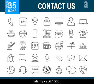 Trendy icon with contact us Thin line business icon set. for web design. Vector stock illustration. Stock Vector