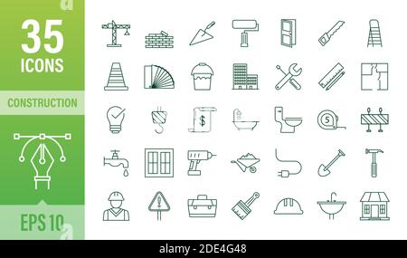 Outline web icons set. Construction and home repair tools, building. Work safety. Vector stock illustration. Stock Vector